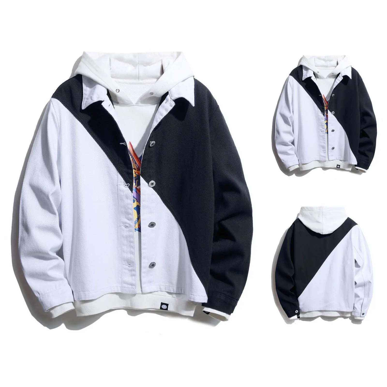 

Young Men's Patchwork Denim Jacket ​Lapel Button Loose Outdoor Casual Coat With Pockets