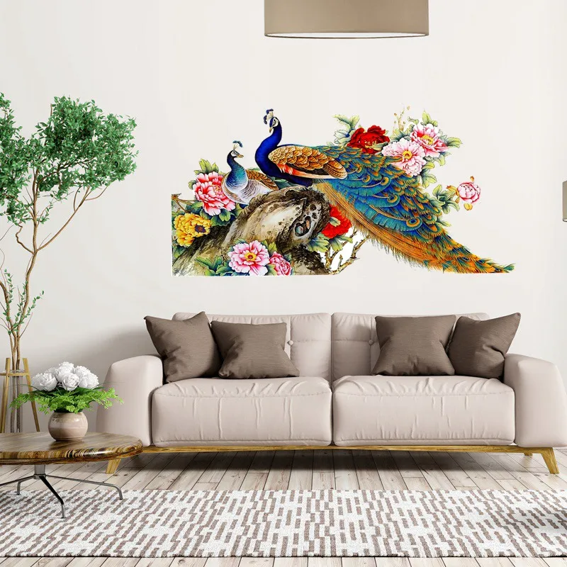 Наклейка Настенная с принтом павлинов и цветов водостойкая
