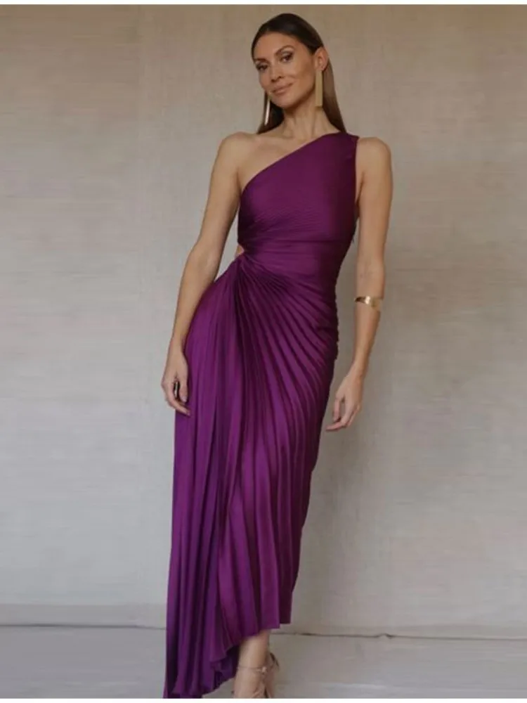 

Women Elegant Ruffled One Shoulder Pleated Maxi Dresses Fashion Sleeveless Irregular Frock 2023 Trend Party Banquet Vestidos