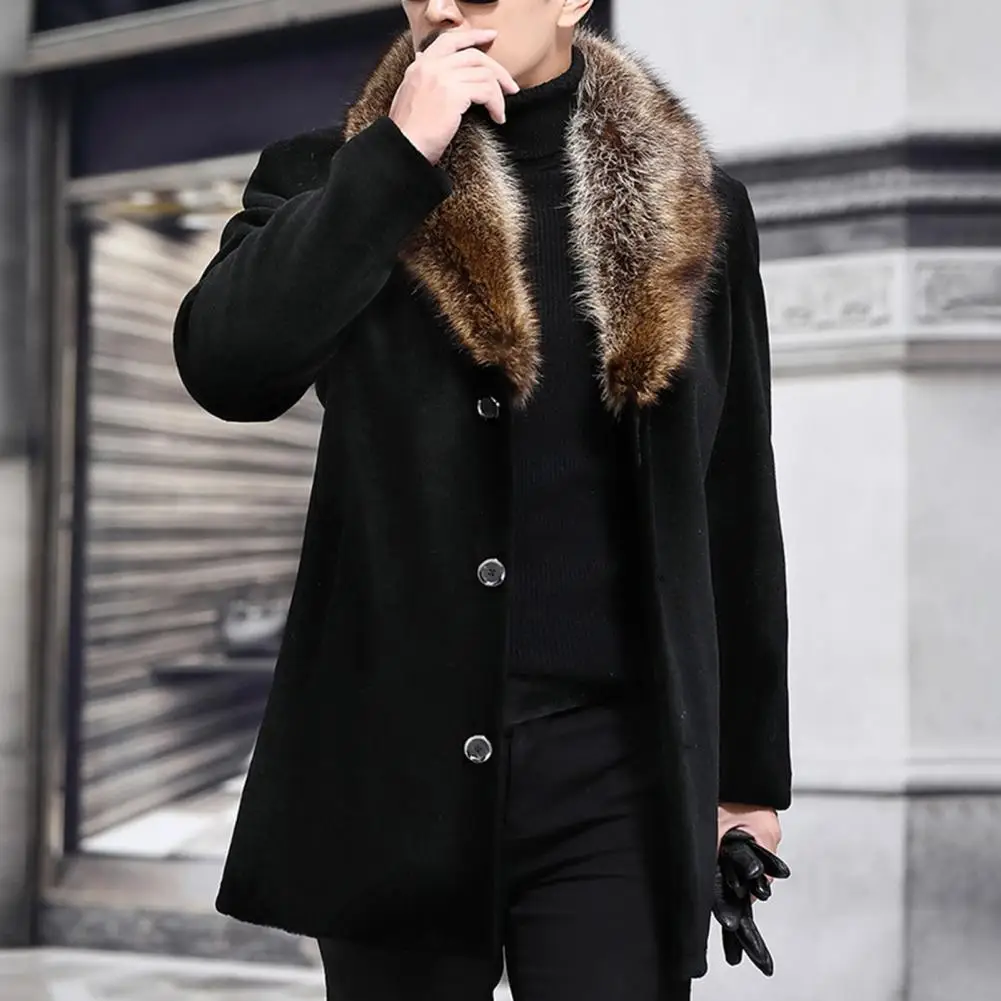 

Trendy Men Jacket Man Faux Fur Collar Autumn Winter Turn-down Collar Buttons Windbreaker Men Woolen Coat Keep Warm