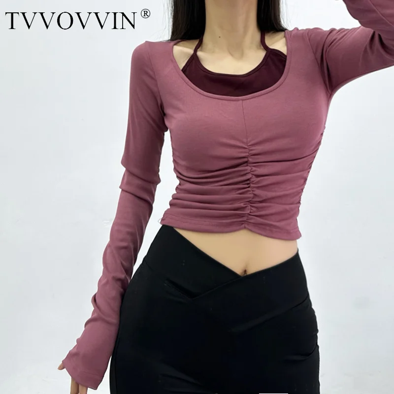 

TVVOVVIN Fake Two Long Sleeve T-shirts for Women's Spring 2023 New Spicy Girls Personalized Chest Wrinkle Pull Lace Up Neck FWUV