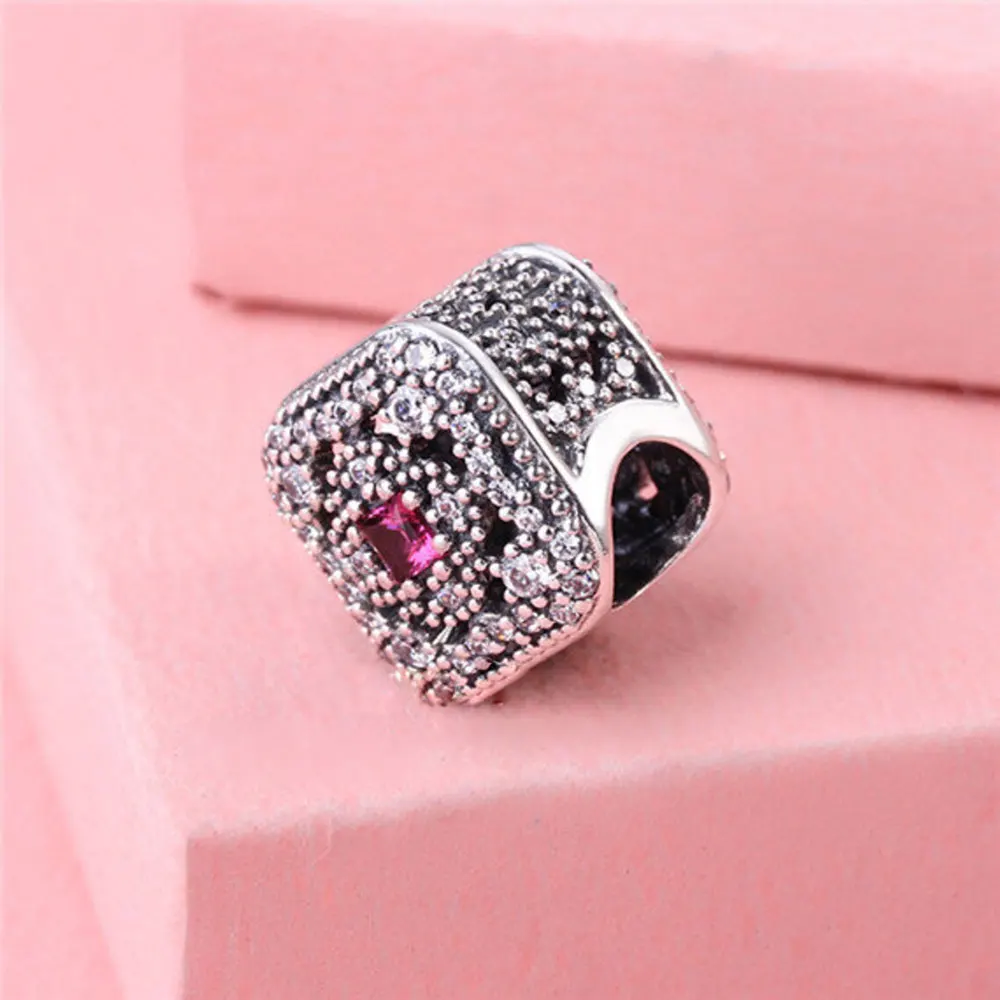 

925 Sterling Silver Fairytale Treasure with Cerise Crystal & Clear CZ Charm Bead Fits All European Pandora Bracelets Necklaces