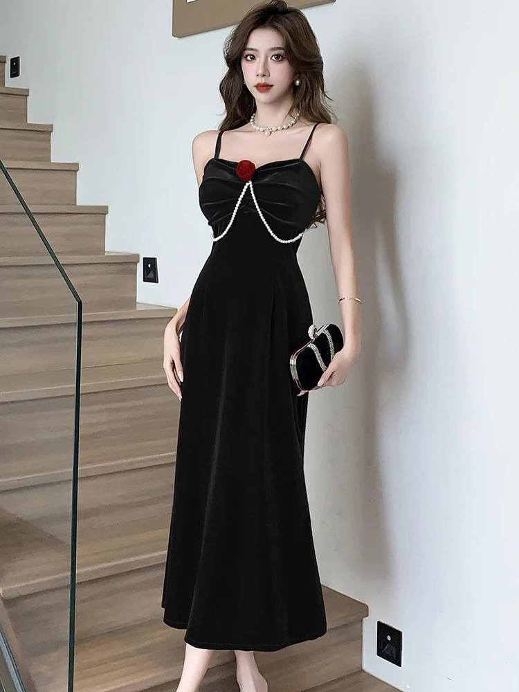 Женское бархатное платье на бретельках красное элегантное в Корейском стиле для