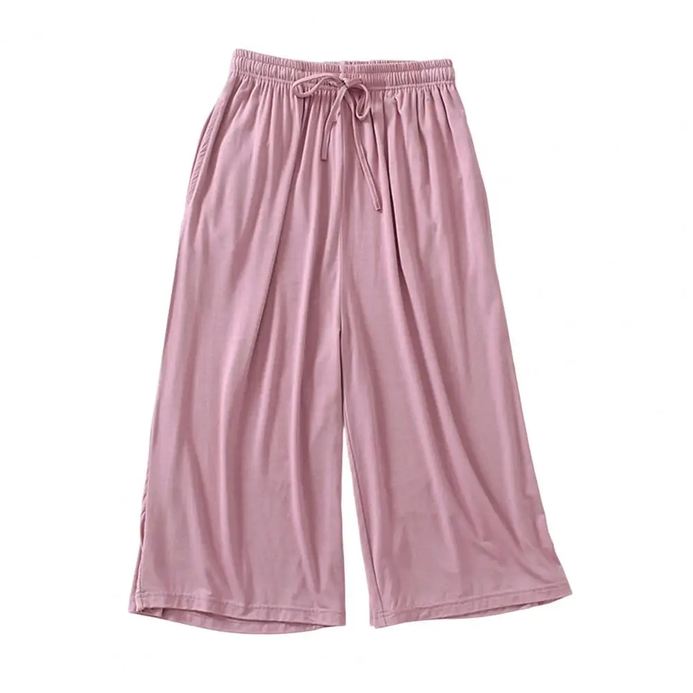 

Mid-rise Elastic Waistband Drawstring Cropped Pants Women Straight Wide Leg Solid Color Summer Casual Mid-calf Pajama Pants