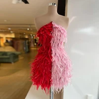 pink and red panelled cocktail dresses strapless sleeveless feathers mini skirt evening party short prom gown robes de cocktail