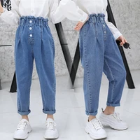 girls blue jeans kids ruffle high waist denim pants children solid color korean style trousers teenager clothing spring autumn