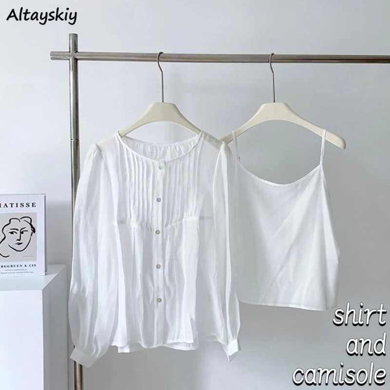 

Shirts Sets Women Simple All-match Sun-proof Pure Leisure Design Folds Ulzzang Camisole Breathable Summer Classic Chic Ladies