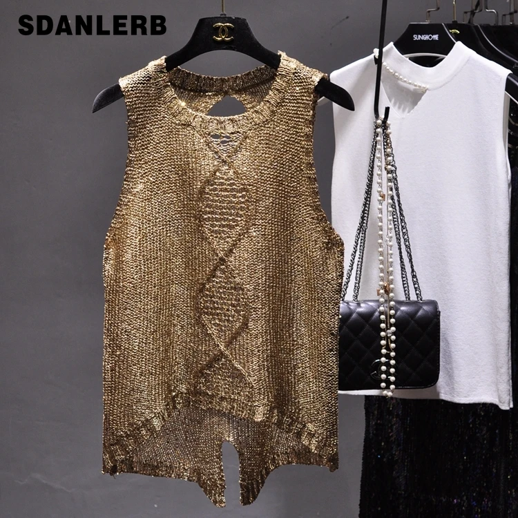 

2020 Spring and Summer Sexy Cut-out Round-Neck Slit Irregular Sequins Camisole Transparent Loose Sleeveless Top Tank Tops Femme