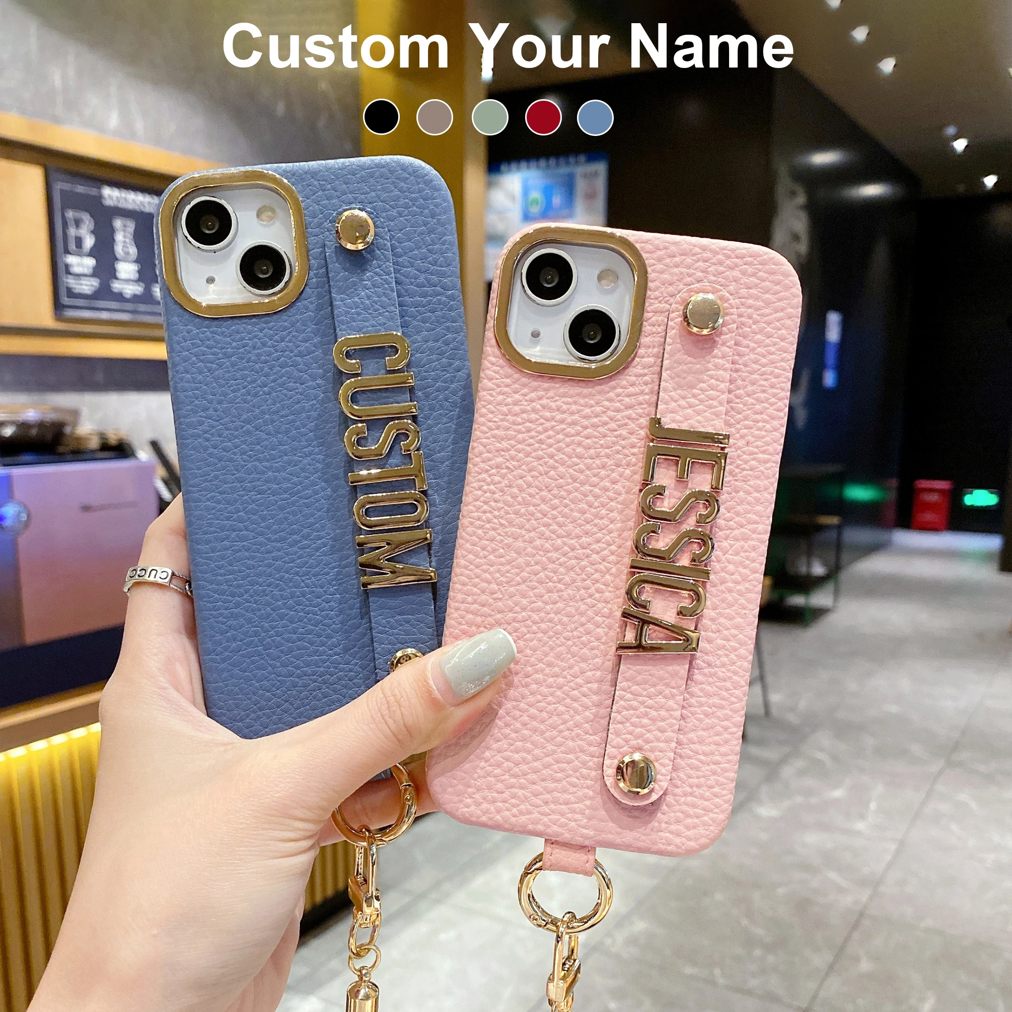 

Crossbody Personalise Name Lanyard PU Lychee Leather Phone Case For iPhone 11 12 13 14 15Pro Max Plus Diamond Metal Letter Cover