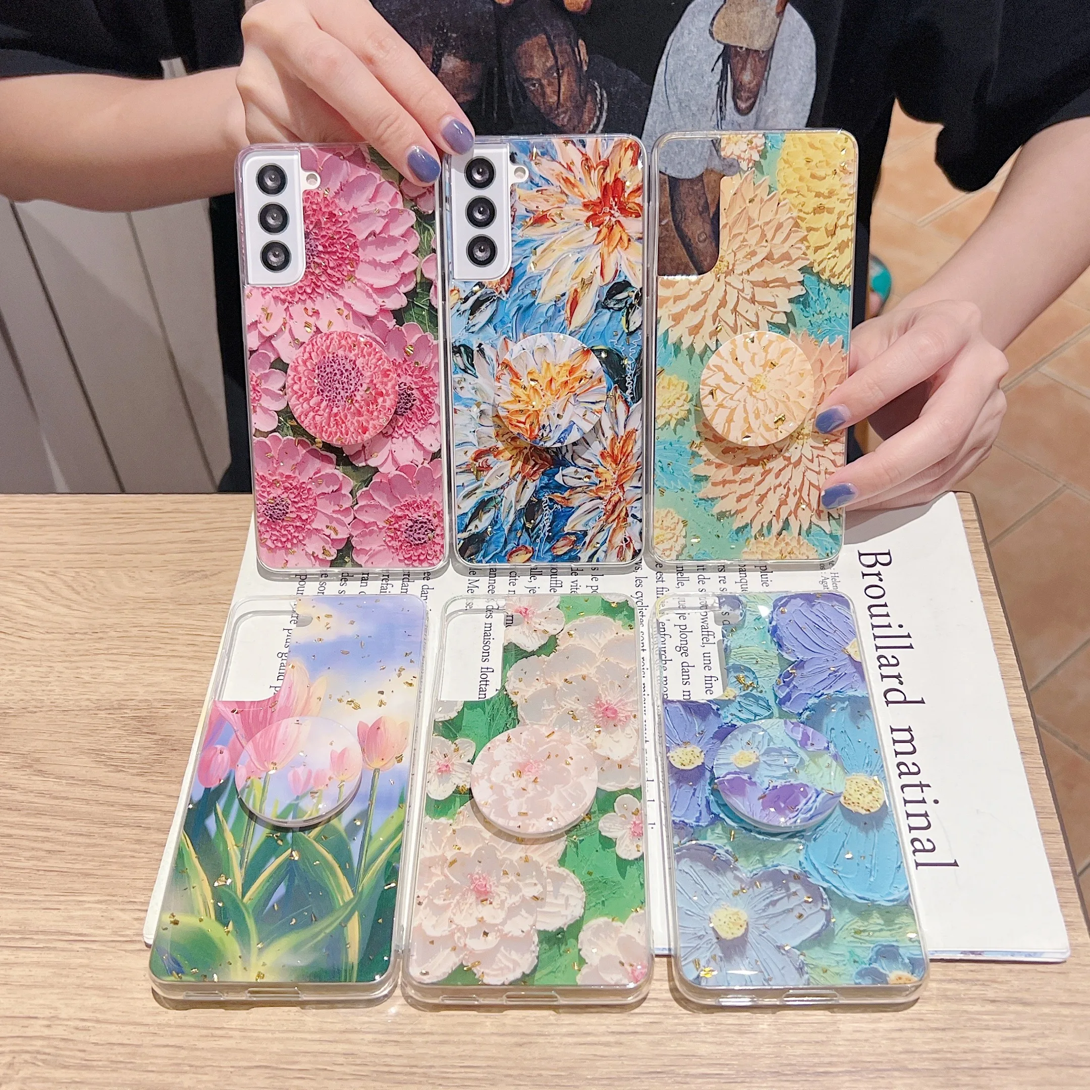 

For Samsung Galaxy s21 ultra case S20FE Oil Painting Phone Case With holder for Galaxy S22Plus S22U Back Cover Flower Griptok