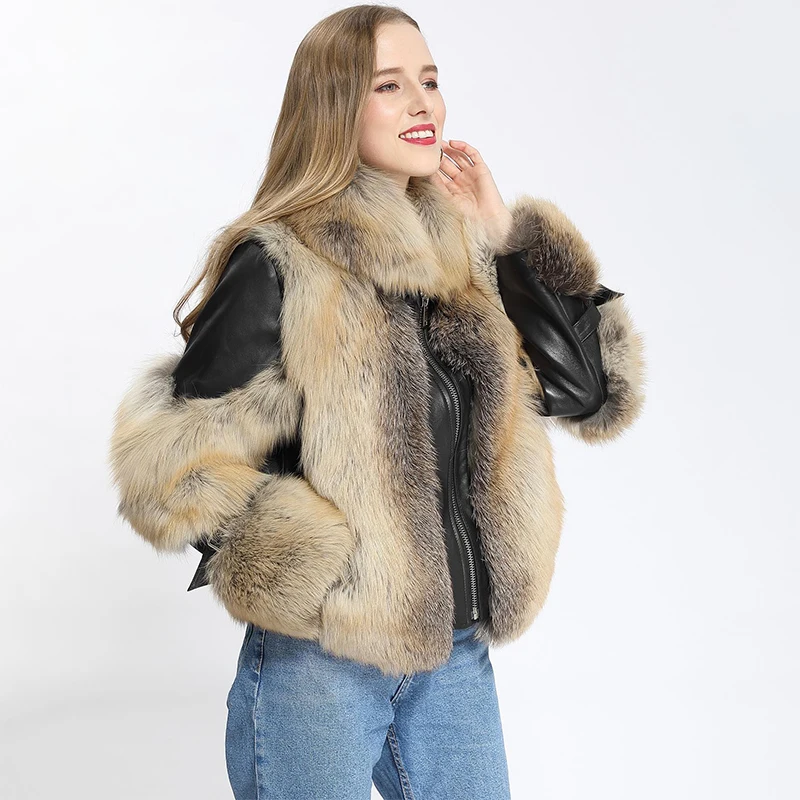 Natural Fox Fur Patchwork Sheepskin Coat Woemn Winter Luxury Tide Outertwear Genuine Real Fox Fur Jacket Female Winter New