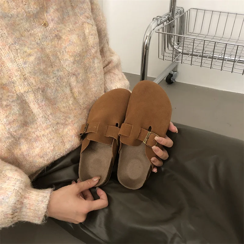 

2022 Summer Autumn Women's Closed Toe Cork Sandals Cow Suede genuine Leather Clogs Slipper Female Retro Fashion Mule Clog Slides