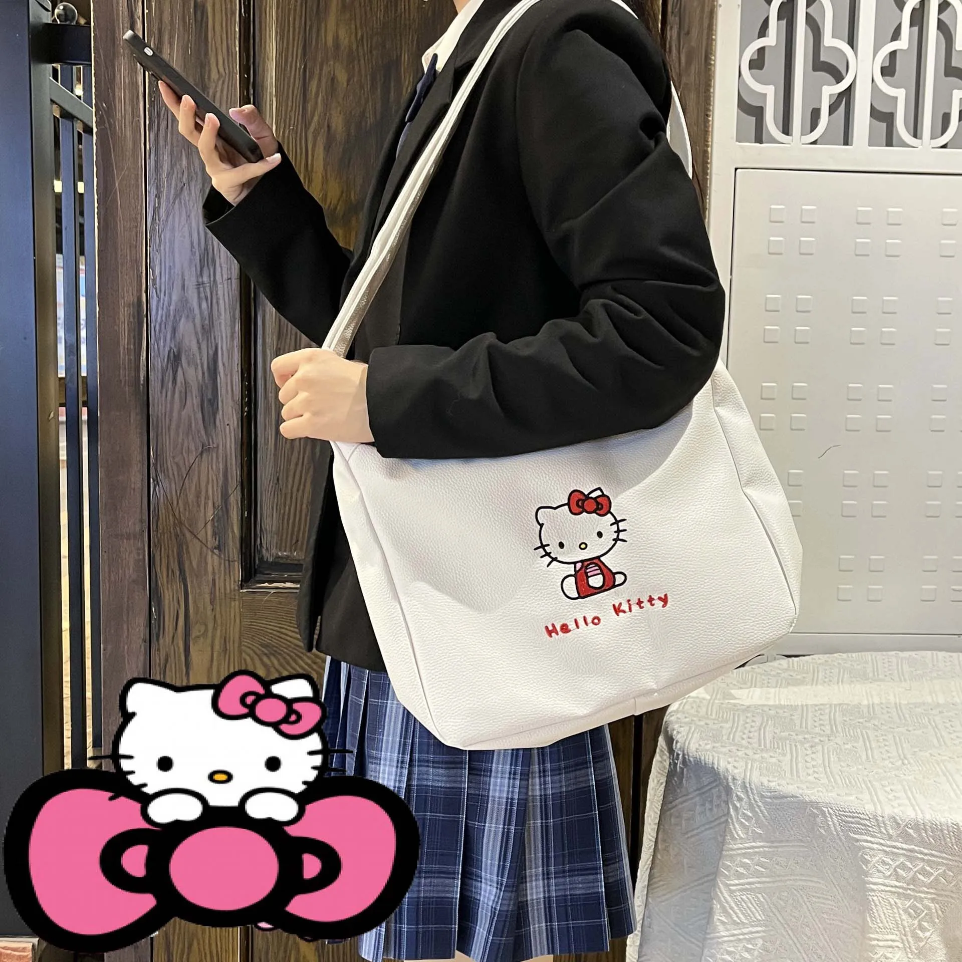 

Сумка-мессенджер из ПУ кожи Hello Kittys Sanrioes Kawaii Мультфильм Аниме Kuromi Cinnamoroll Милая вместительная школьная сумка подарок для девушки