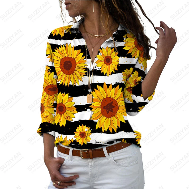 

Spring and Autumn 2023 Fashion New Sunflower 3D Print Shirt Button Polo Long Sleeve Top Women's Shirt Rural Girl Style Cardigan