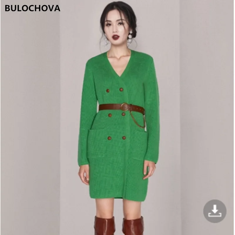 

Женское трикотажное мини-платье BULOCHOVA, повседневное двубортное платье с V-образным вырезом и длинным рукавом, с поясом, новинка весны 2022
