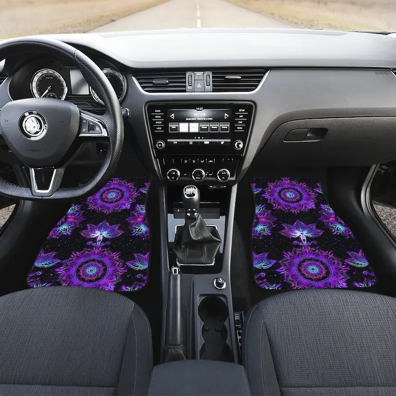 

Purple Pink Lotus Mandalas Black Car Floor Mats Set, Front and Back Floor Mats for Car, Car Accessories