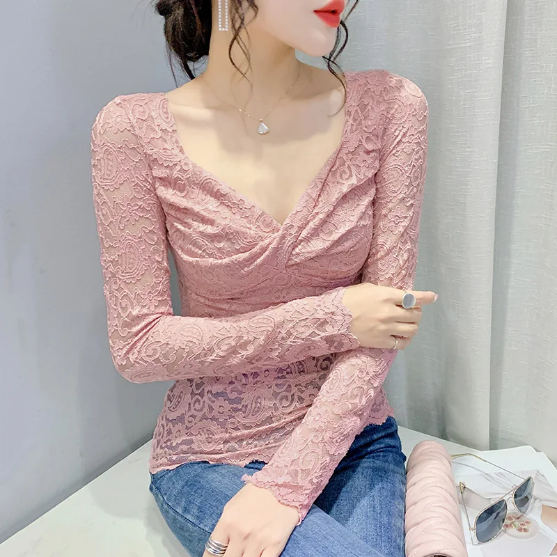 

Женский кружевной топ с длинными рукавами, привлекательный тонкий Приталенный топ с V-образным вырезом, рубашка в иностранном стиле, весна ...