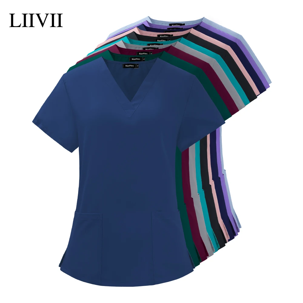 Униформа Женская эластичная с V-образным вырезом и карманами коротким рукавом |