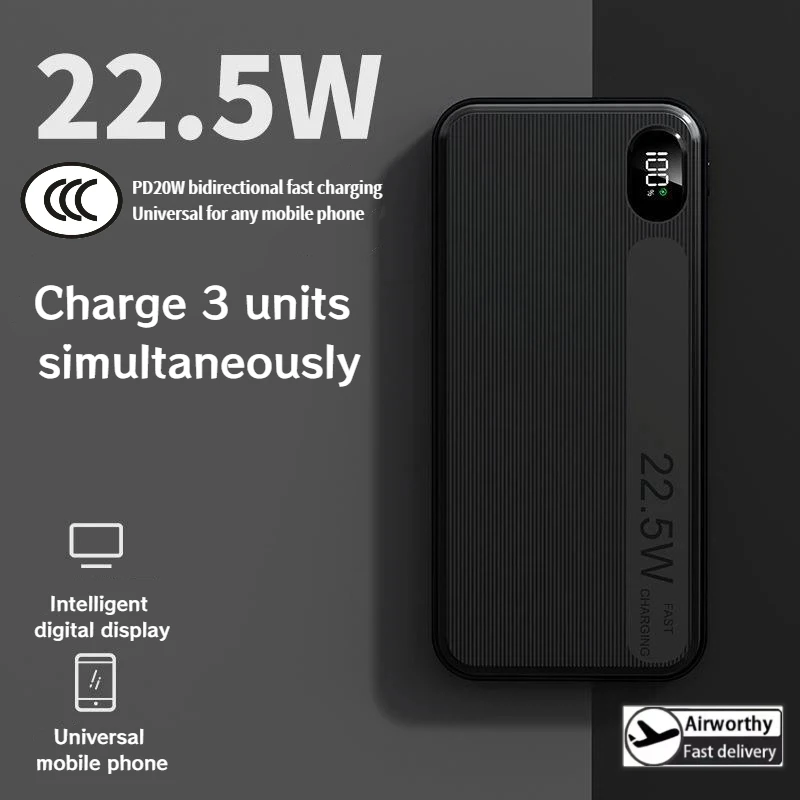 Фото 30000 мАч Power Bank Super 22,5 Вт, аккумулятор для быстрой зарядки, цифровой дисплей большой емкости для iPhone, Samsung, Huawei, Xiaomi 2026 №2