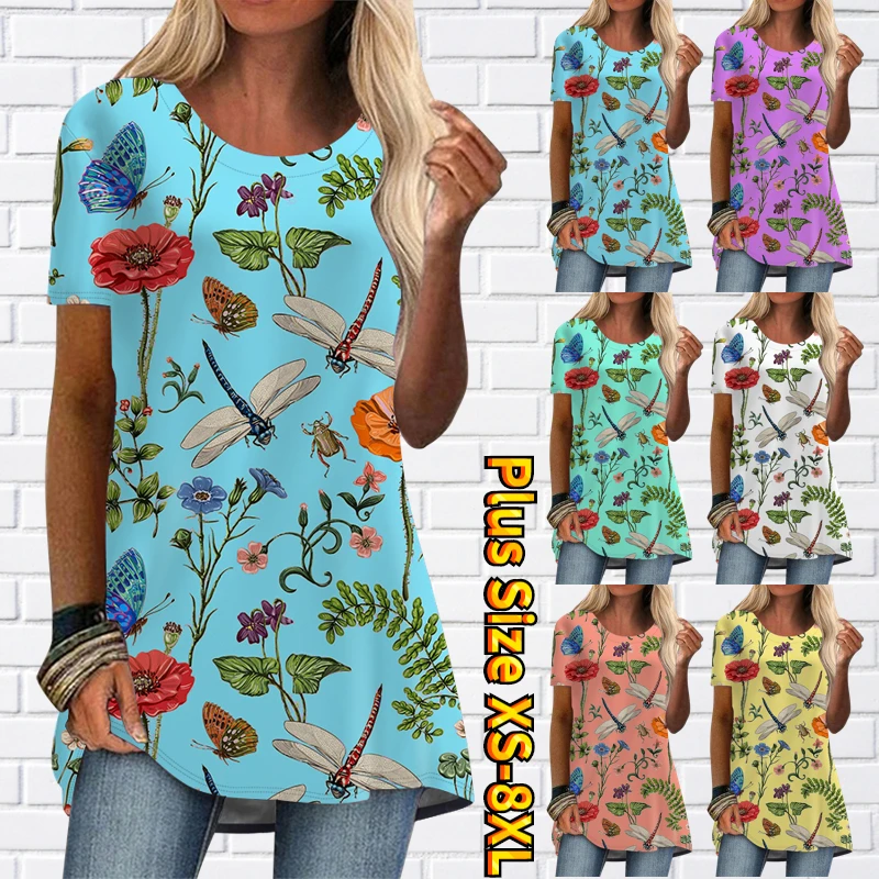 

2022 Women's Fashion Floral Themed T-shirt Shirt Floral Floral Crewneck T-shirt Summer Basic Top Dragonfly Print Loose Pullover