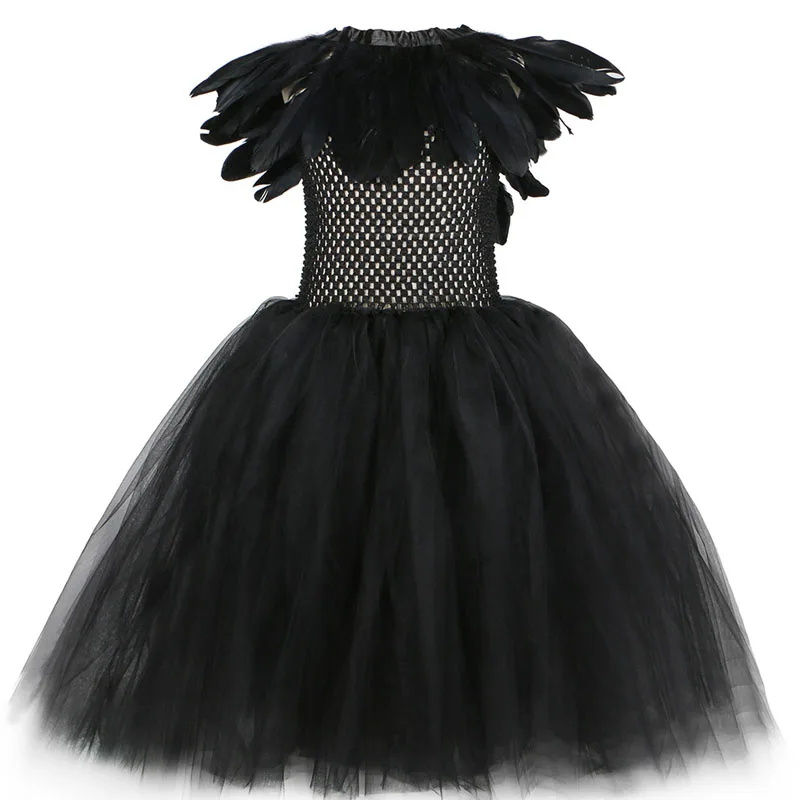 

Детские костюмы на Хэллоуин с черными перьями, новинка, комплект одежды для косплея ведьмы для девушек, платье злого королевы, пышные платья...