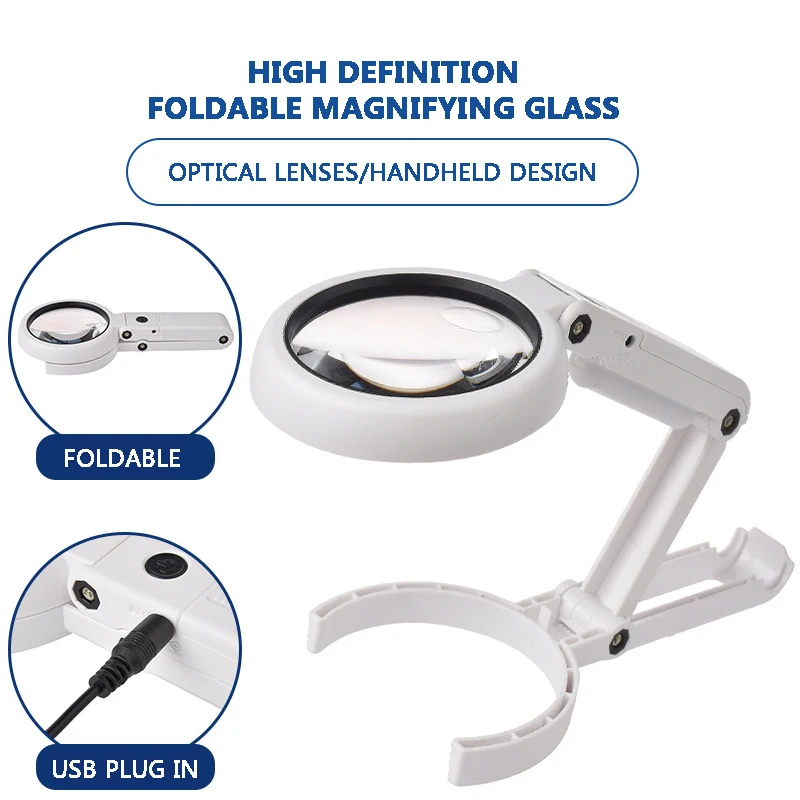 

5x 11x USB eight LED lights handheld stand mounted desktop reading and maintenance multi-purpose magnifying glass 75RC