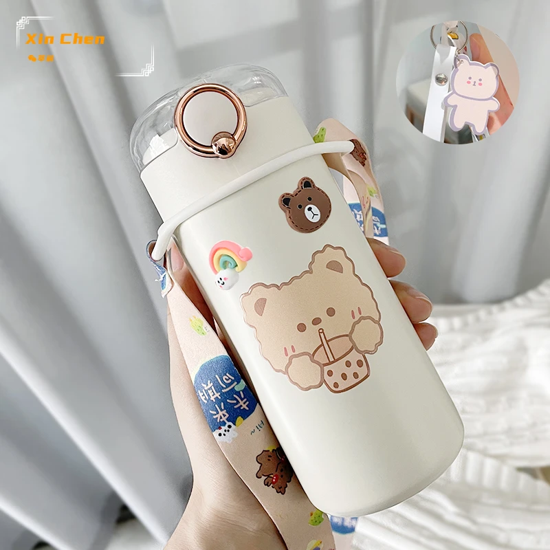 

350/480ml Cartoons Stainless Steel Vacuum Flask Coffee Tea Milk Travel Straw Cup Cute Bear Water Bottle Insulated Thermos