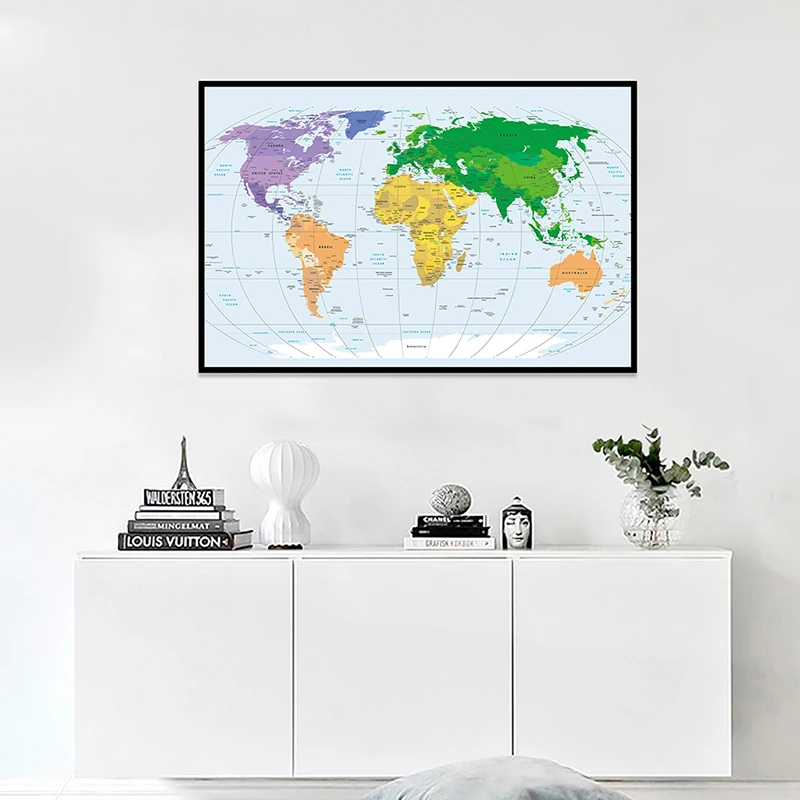

The World Political Map Unframed Prints Wall Art Poster Non-woven Canvas Painting Living Room Home Decor School Supplies 90*60cm