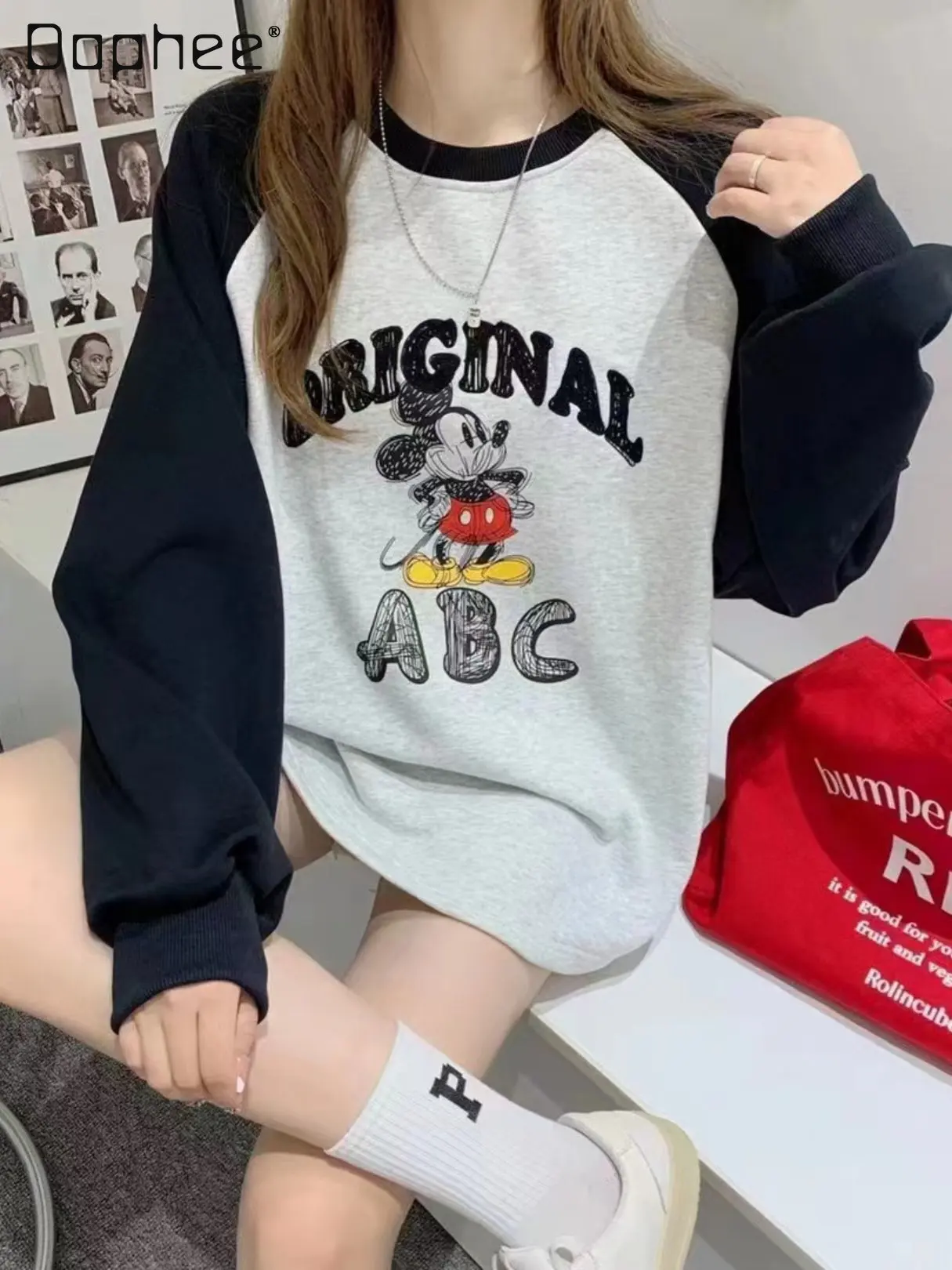 

Autumn Korean Style Mid-Length Raglan Sleeve Long Sleeve Crew Neck Pullover Sweatshirt Women's Cartoon Letter Print Sports Hoody