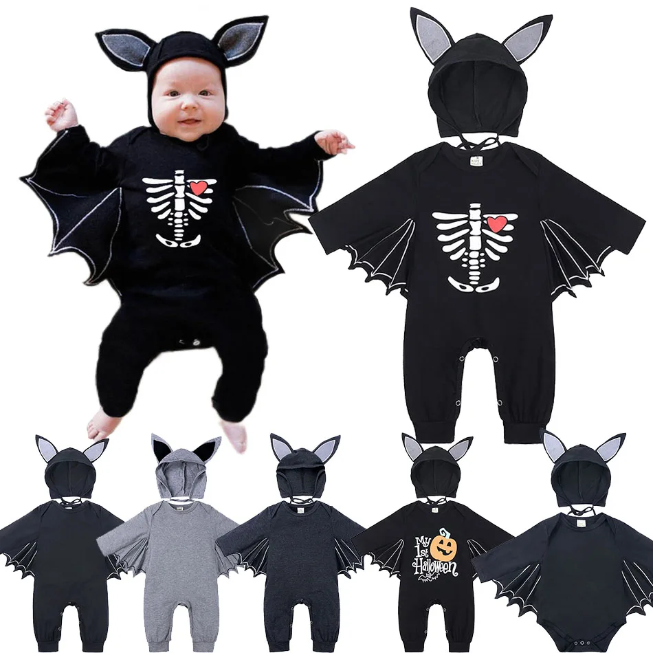 

Baby Boys Girls Romper Unisex Footless One Piece Kids Autumn Pumpkin Onesie Toddler Cotton Sleeper Halloween Bat Clothes 0-24M