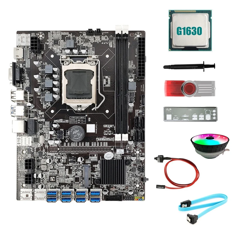 

B75 8USB BTC Mining Motherboard+G1630 CPU+64G USB Driver+Fan+SATA Cable+Switch Cable+Thermal Grease+Baffle For ETH Miner