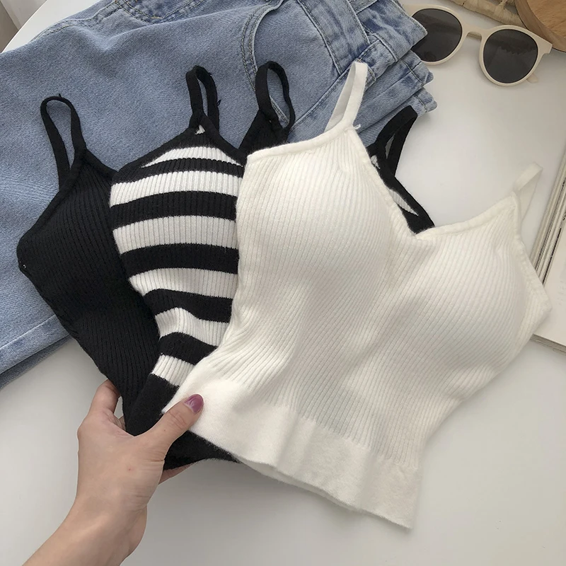 

knitted camis for woman tops for women stripes crop tops built in bra spaghetti strap camisole female tank 2022 droppshipping