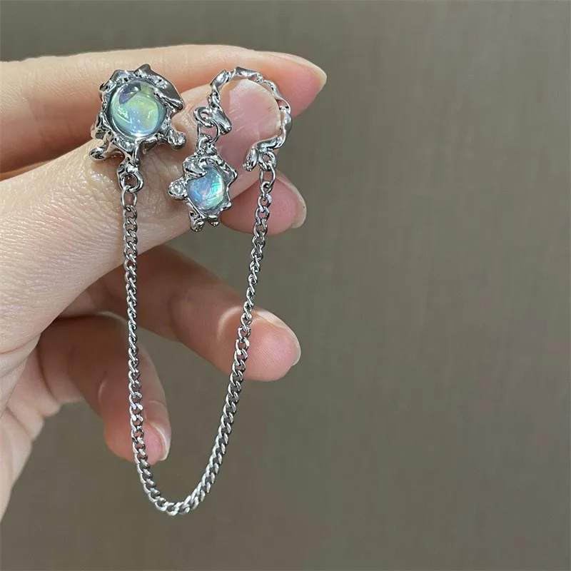 

Fashion Irregular Liquid Metal Moonstone Earrings For Woman 2023 Fashion Chain Tassels Ear Clip Gift Y2k Festival Accessories