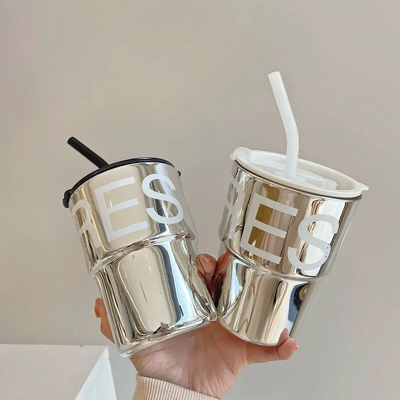 400ml Electroplated Silver Coffee Cup Straw Cup Mug Heat-Resistant Water Bottle Glasses for Drinks Milk Wine Cup Reusable Travel