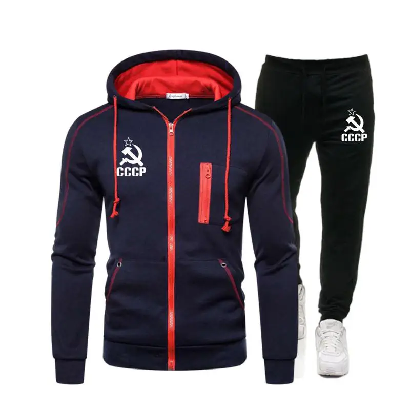 CCCP USSR Sets Tracksuit Men's Spring Winter Running Hooded Sweatshirt Workout Set Sportswear 2023 Male Suit Sport Two Piece Set