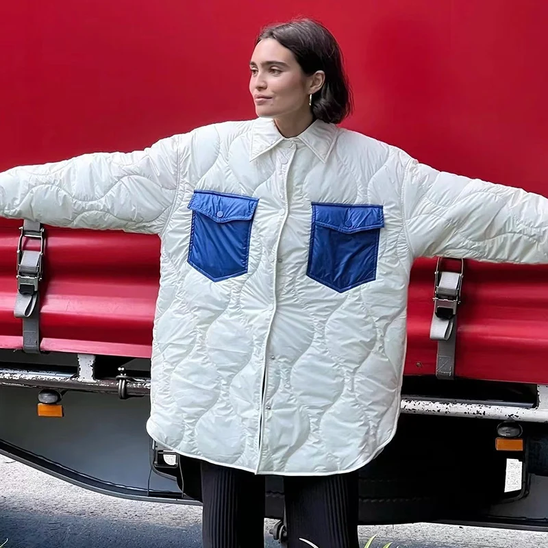 Ardm Casual Quilted Contrasting Colors Cotton Coats Streetwear Long Sleeve With Pockets Winter Jacket Women 2022 Outerwear Tops
