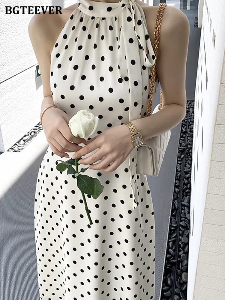 

Платье BGTEEVER женское с лямкой на шее, элегантное трапециевидное в горошек, без рукавов, с лентами, весна-лето 2022