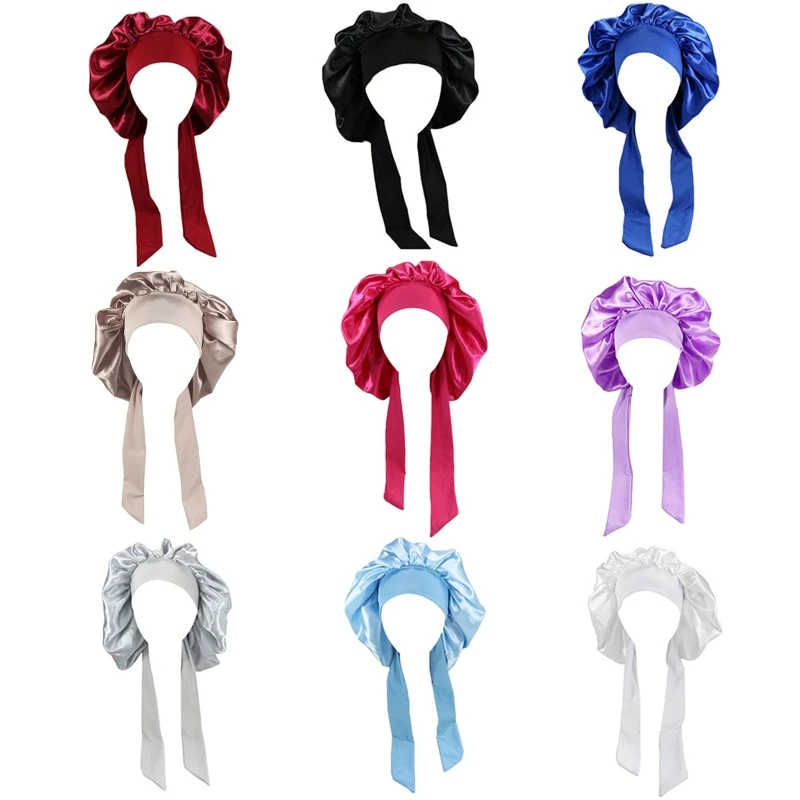 

Женская атласная шляпа с широкими эластичными завязками, уход за длинными волосами, головной убор для ночного сна для девушек, шелковая гол...
