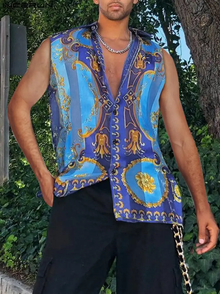 

INCERUN Men Shirt Printed Ethnic Style Streetwear Lapel Sleeveless Button Casual Men Clothing Translucent Vacation Camisas S-5XL
