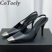 sexy high heels women sandals metal toe slingbacks genuine leather black runway party shoes woman thin heels women pumps