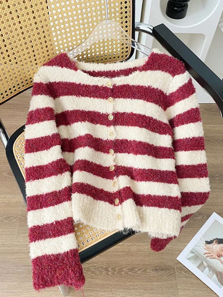 

American Style Vintage Women Knitwear Striped Contrast Color 2023 Autumn Winter Short Knit Cardigan Female Warm Loose Sweater