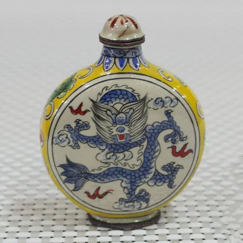 Китайская старинная разноцветная эмалированная бутылка для табака дракона с