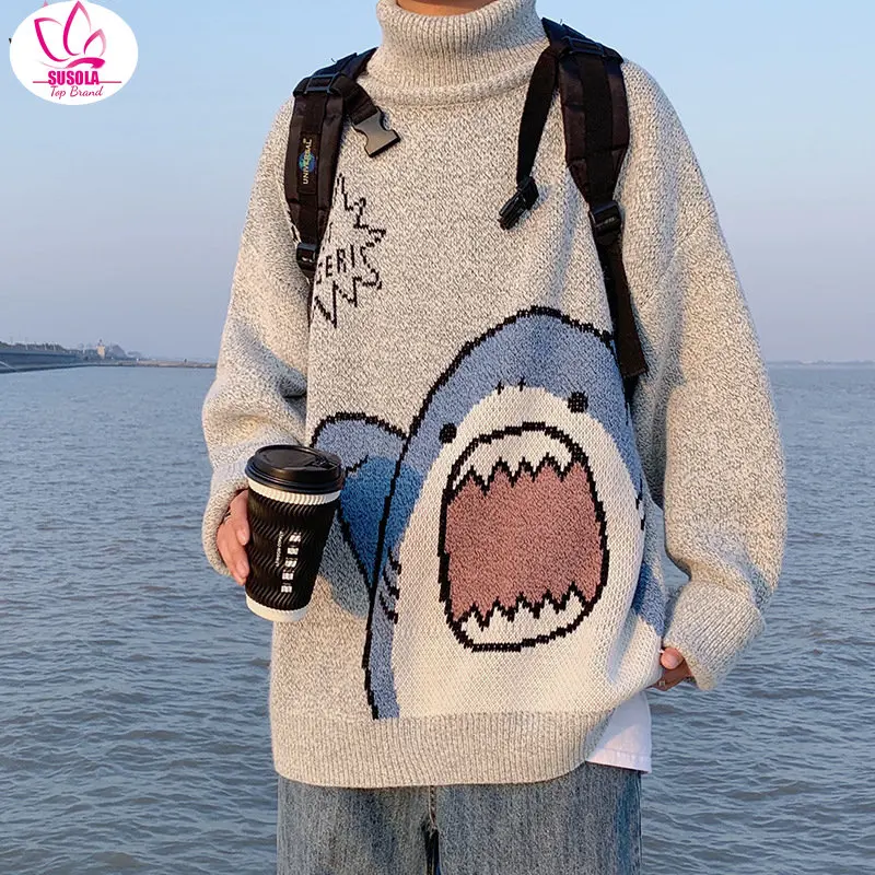 

SUSOLA Men Turtlenecks Shark Sweater Men Lady Winter Patchwor Harajuku Korean Style High Neck Oversized Grey Turtleneck For Men