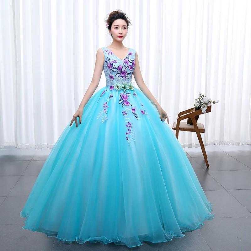Y&ampM Novias Небесно-голубые платья Quinceanera Сексуальное бальное платье с v-образным