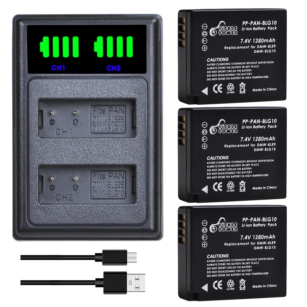 Батарея Pickle Power 1280mAh DMW-BLG10 BLG10E + двойное зарядное устройство со светодиодной подсветкой для Panasonic LUMIX GF5 GF6 GX7 LX100 GX80 GX85