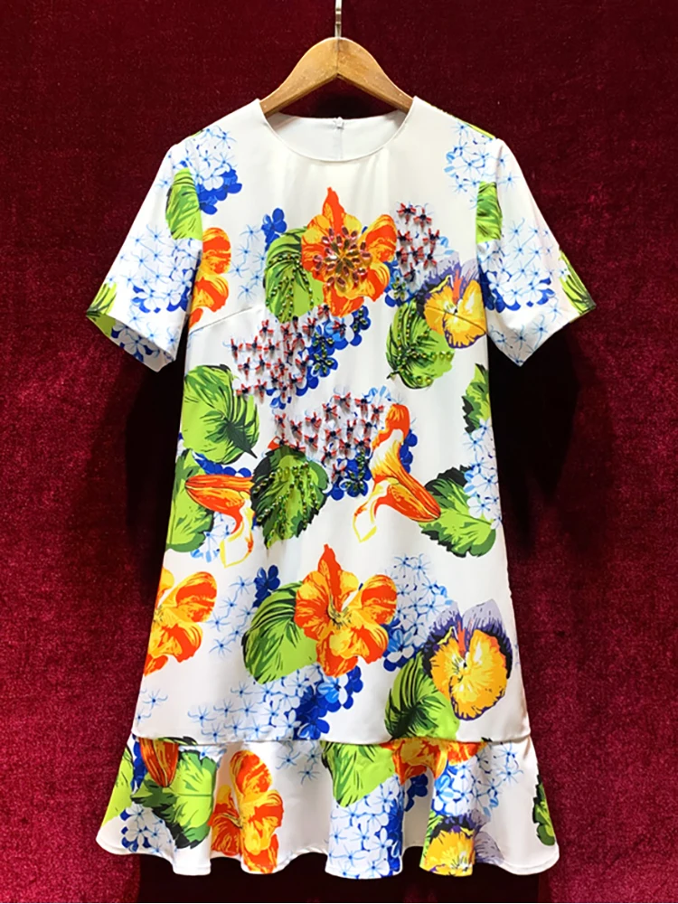 

Svoryxiu Summer Fashion Designer Party Mini Dress Women Short Sleeve Gorgeous Crystal Beading Printing Flounced Edge Dresses