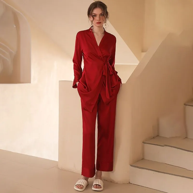 

QSROCIO Высококачественный Женский пижамный комплект, женский Шелковый как красный свадебный халат невесты, однотонная женская домашняя одежда на шнуровке, Уютная пижама