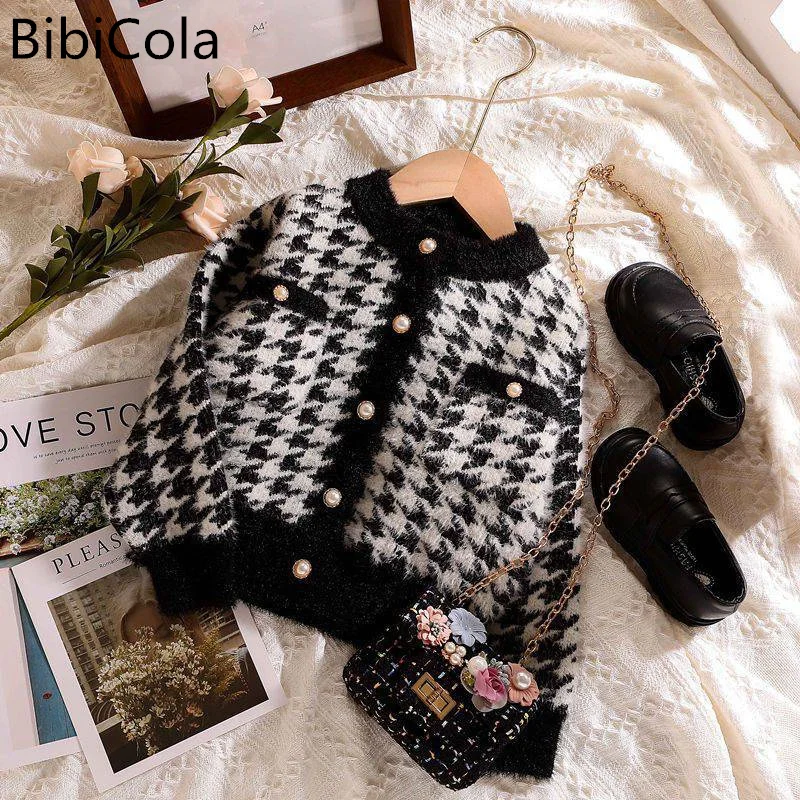 

Осенний вязаный свитер для маленьких девочек; Кардиганы в клетку с рисунком для маленьких девочек; Верхняя одежда для детей; Вязаная куртка для девочек