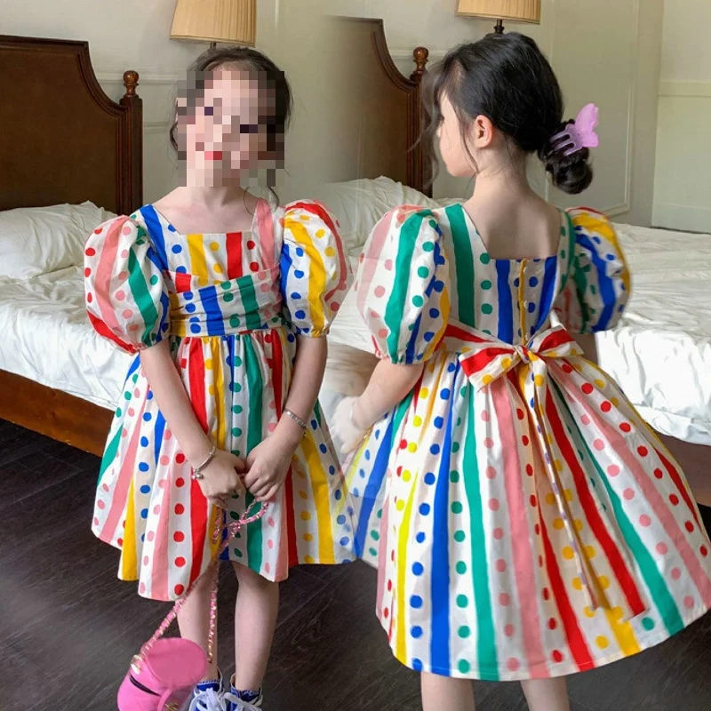 Girls Dress Circus Color Strip Lace-Up Puff Sleeve Princess Children's Clothing