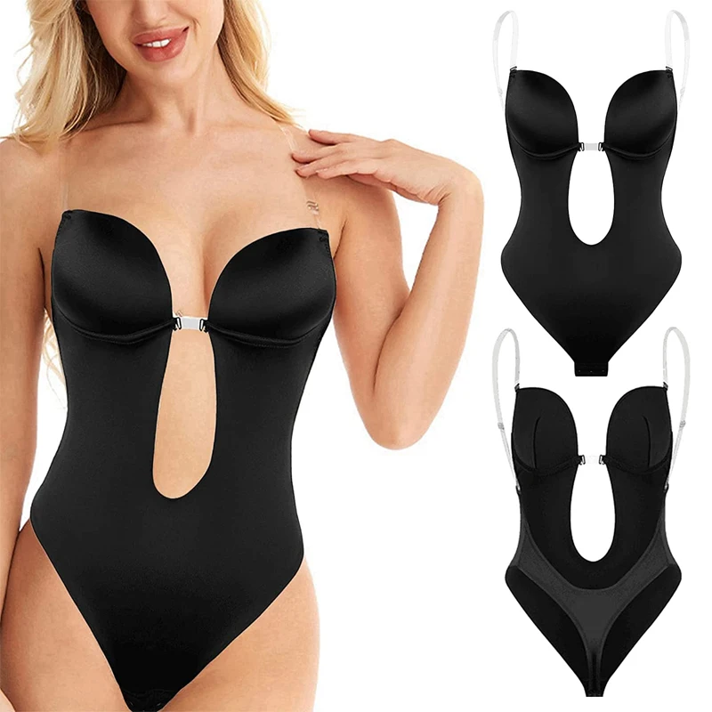 

Women Full Body Shaper Bra Deep V Backless Plunge Corset Sexy Thong Shapewear Invisible Push Up Underwear Slimming Bodysuit Faja